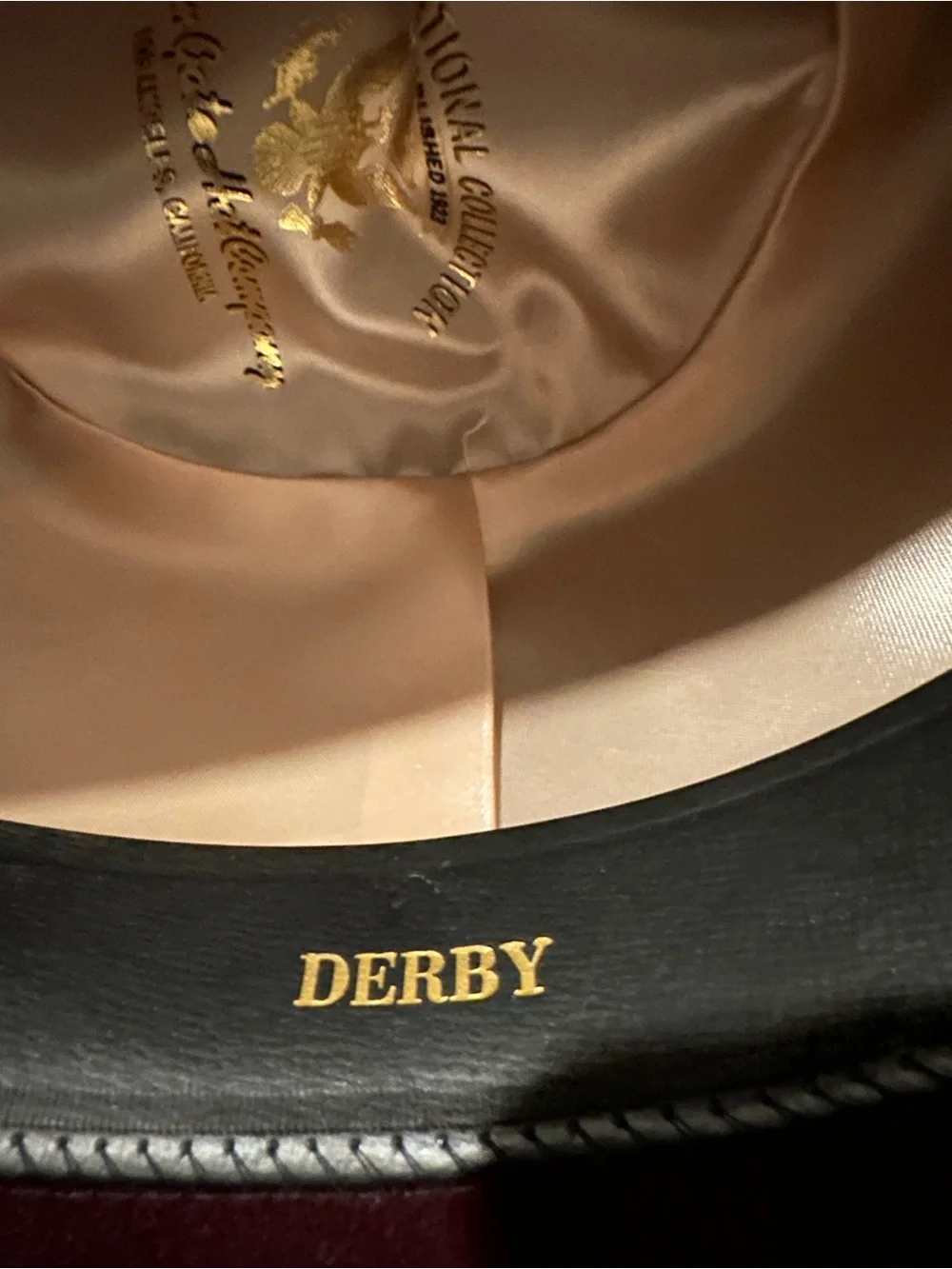 Golden gate hat co. Burgundy Wool  Bowler with Feather Trim. 100% wool.